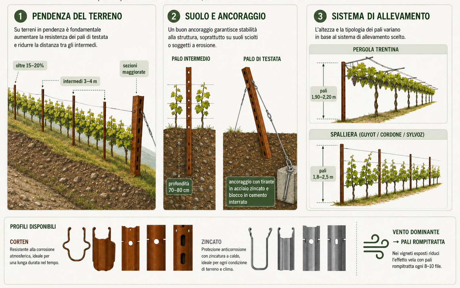 Come scegliere i pali per vigne in base a pendenza, suolo e sistema di allevamento