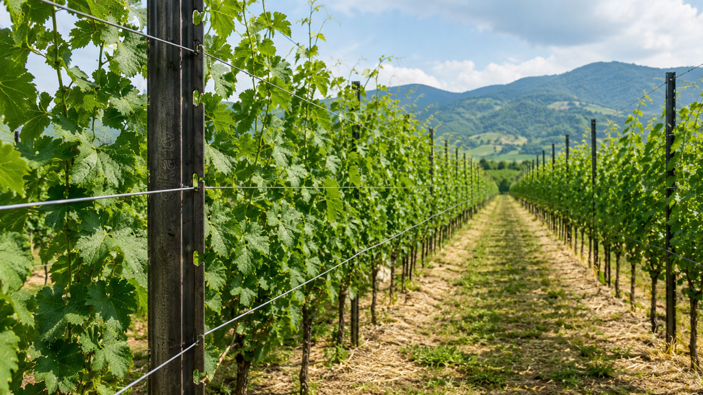 Controspalliera per vigneto con pali Sika Profili e fili di sostegno verticali