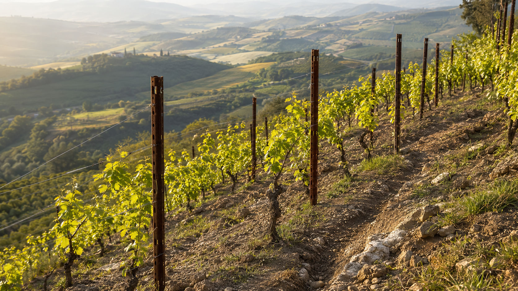 Pali per vigne in un vigneto collinare su terreno in pendenza