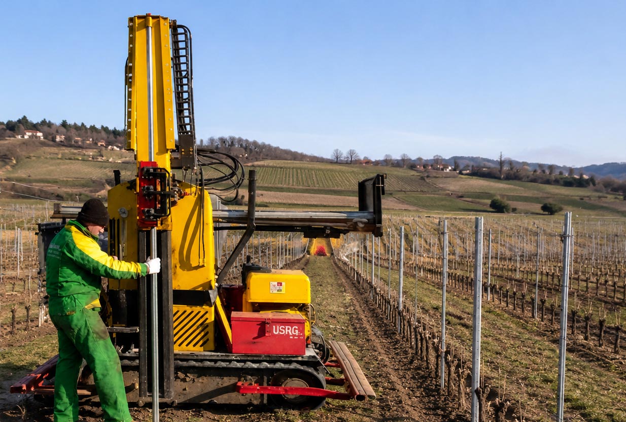 Macchinario al lavoro per la posa dei pali in un impianto vigneto Guyot in ambiente collinare