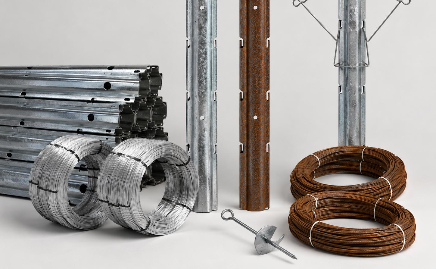 Materiali per impianto vigneto Guyot con pali in acciaio zincato e corten, fili zincati e accessori per vigneto
