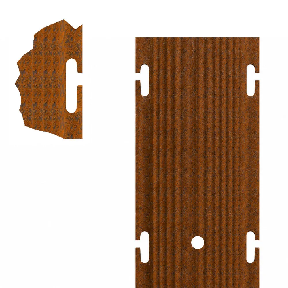 Dettaglio delle asole integrate e della superficie nervata del palo tubolare Corten per vigneto SIKA Orbit