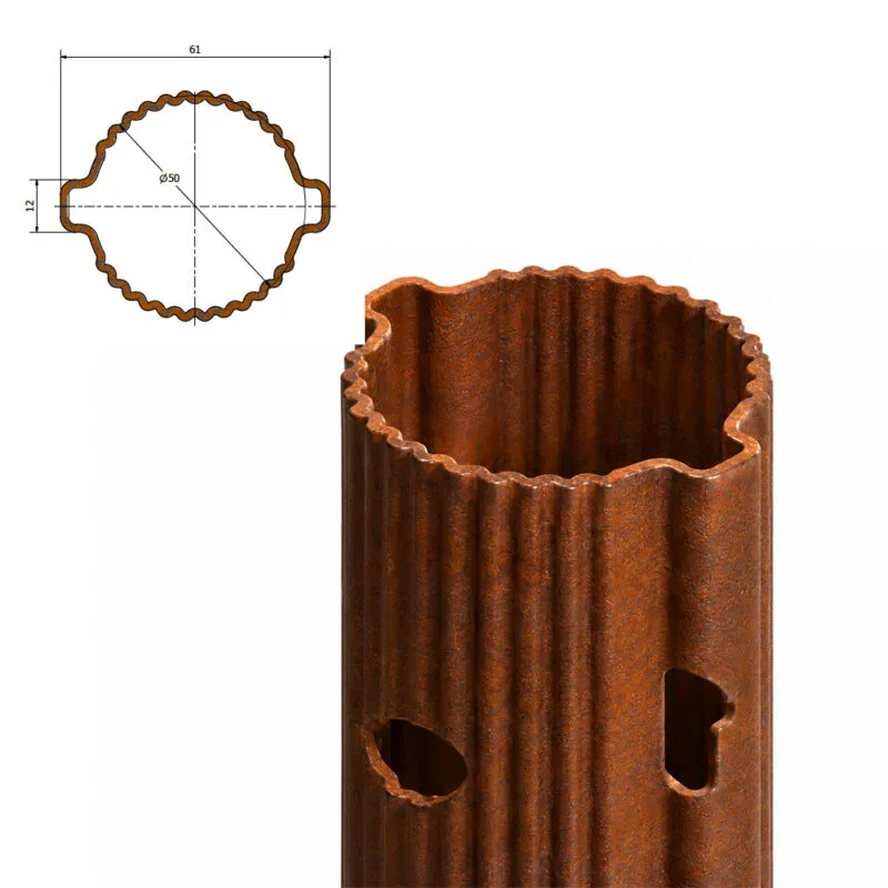 Sezione del palo tubolare in acciaio Corten per vigneto SIKA Orbit, profilo 61 × 50 mm con nervature e asole integrate