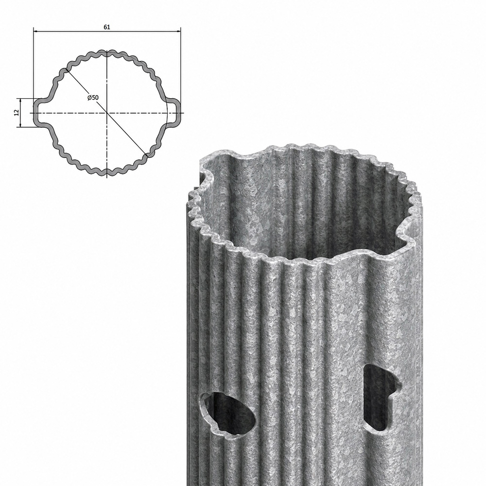 Palo tubolare zincato per vigneto SIKA Orbit, vista del fusto con asole e sezione quotata 61 × 50 mm