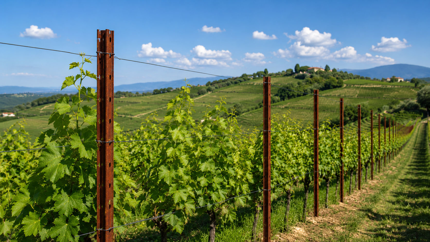 Filari di vigneto con pali in acciaio in prospettiva per il calcolo del fabbisogno per ettaro