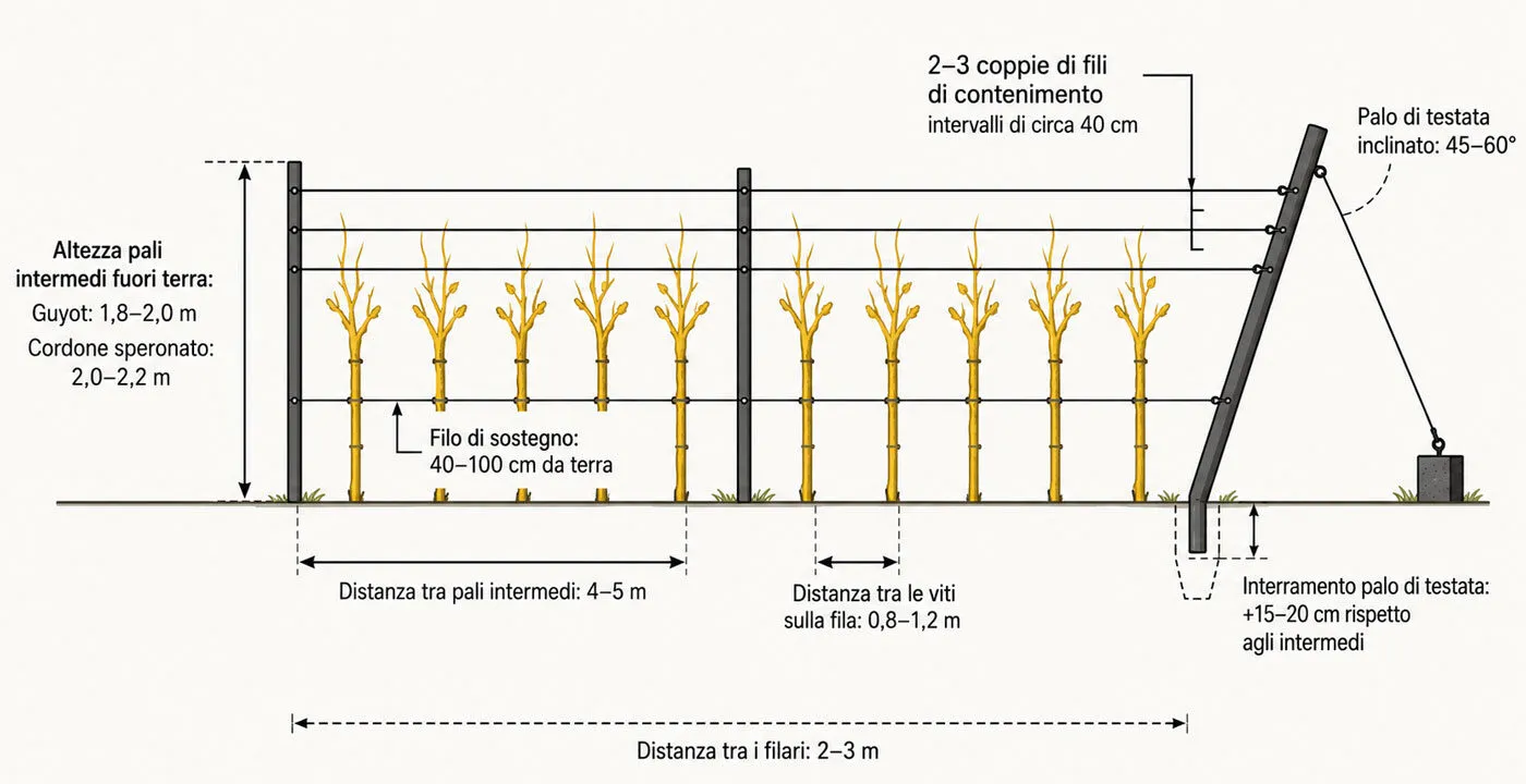 Schema del dimensionamento della controspalliera vigneto con altezze pali e distanze
