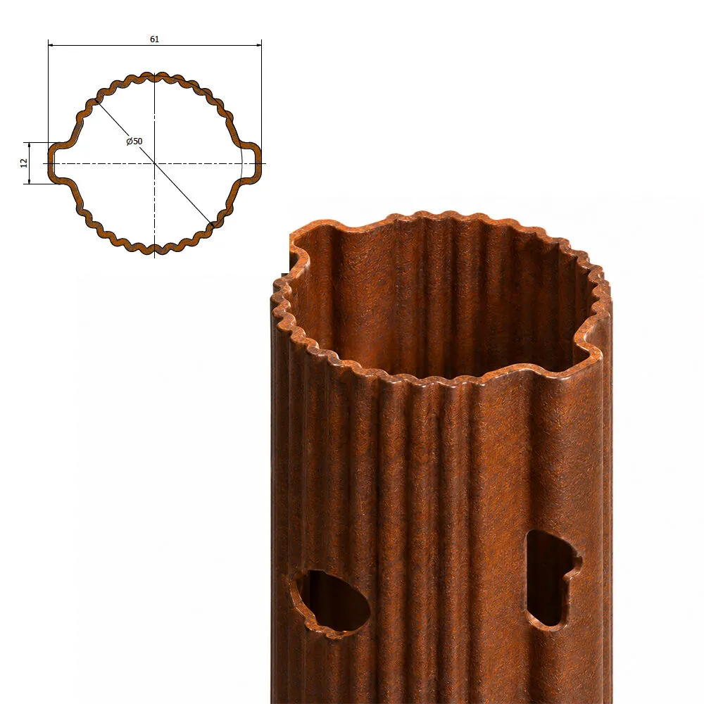 Sezione del palo tubolare in acciaio Corten per vigneto SIKA Orbit, profilo 61 &times; 50 mm con nervature e asole integrate