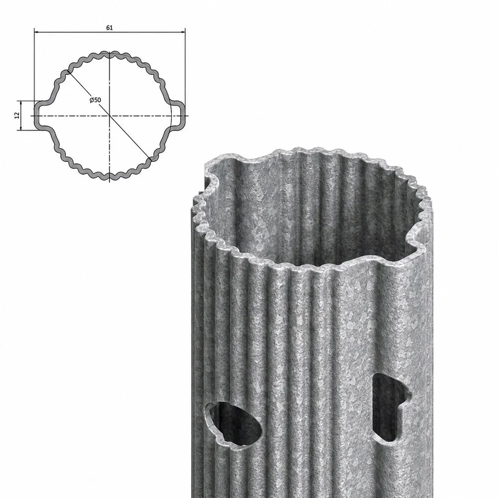 Palo tubolare zincato per vigneto SIKA Orbit, vista del fusto con asole e sezione quotata 61 &times; 50 mm