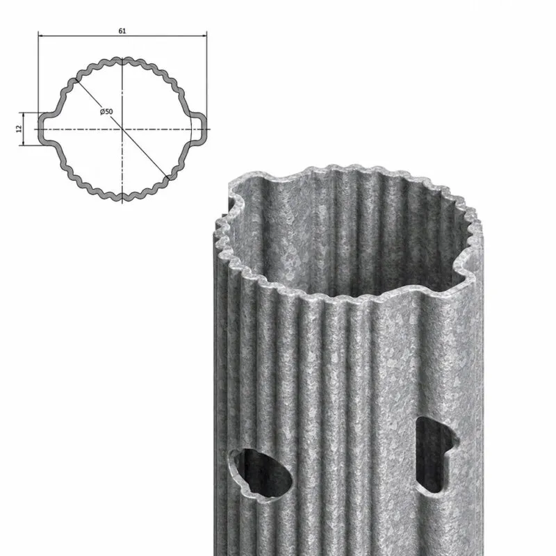 Palo tubolare zincato per vigneto SIKA Orbit, vista del fusto con asole e sezione quotata 61 × 50 mm