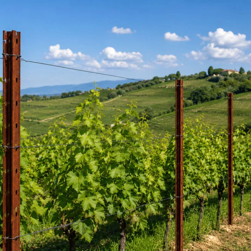 Filari di vigneto con pali in acciaio in prospettiva per il calcolo del fabbisogno per ettaro
